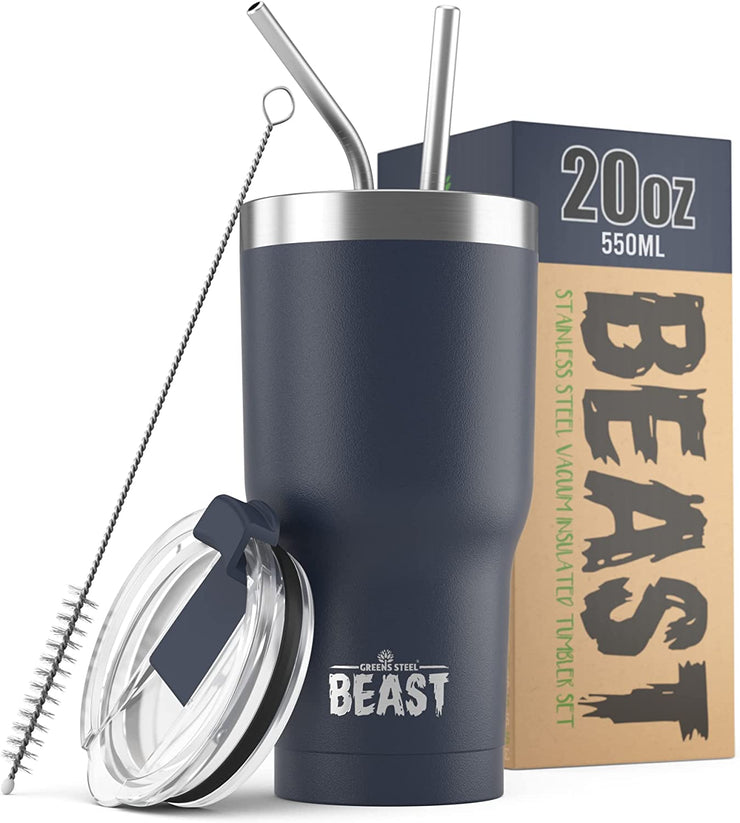 BEAST 20 oz Arctic White Tumbler Set with Handle - Stainless Steel Coffee  Cup + 2 Straws Brush, Gift Box & Black Handle