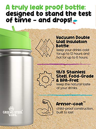 Insulated Double Wall Stainless Steel Kids Bottle - 350ml | Leak Proof With Straw & Handle | Easy Sip Toddler Cup | Child's Flask